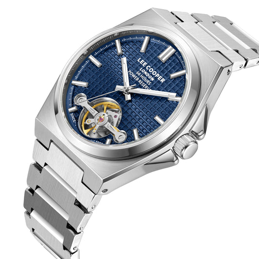 Montre homme Lee Cooper Hampton automatique cœur ouvert bleu – vue de trois-quarts