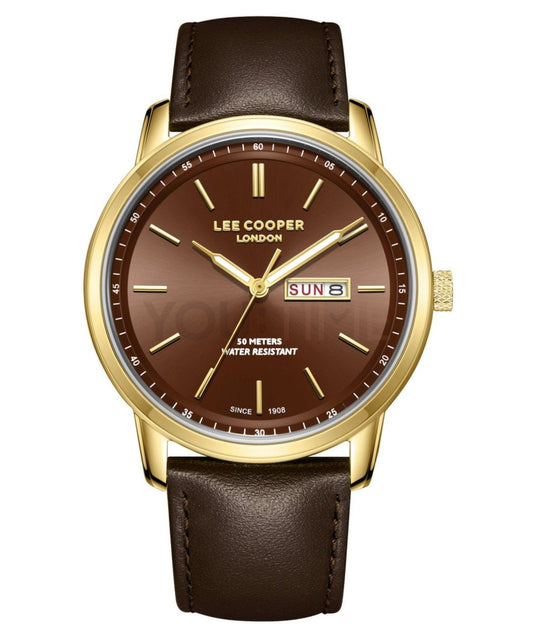 Montre homme Lee Cooper Savile dorée cuir marron – vue de face