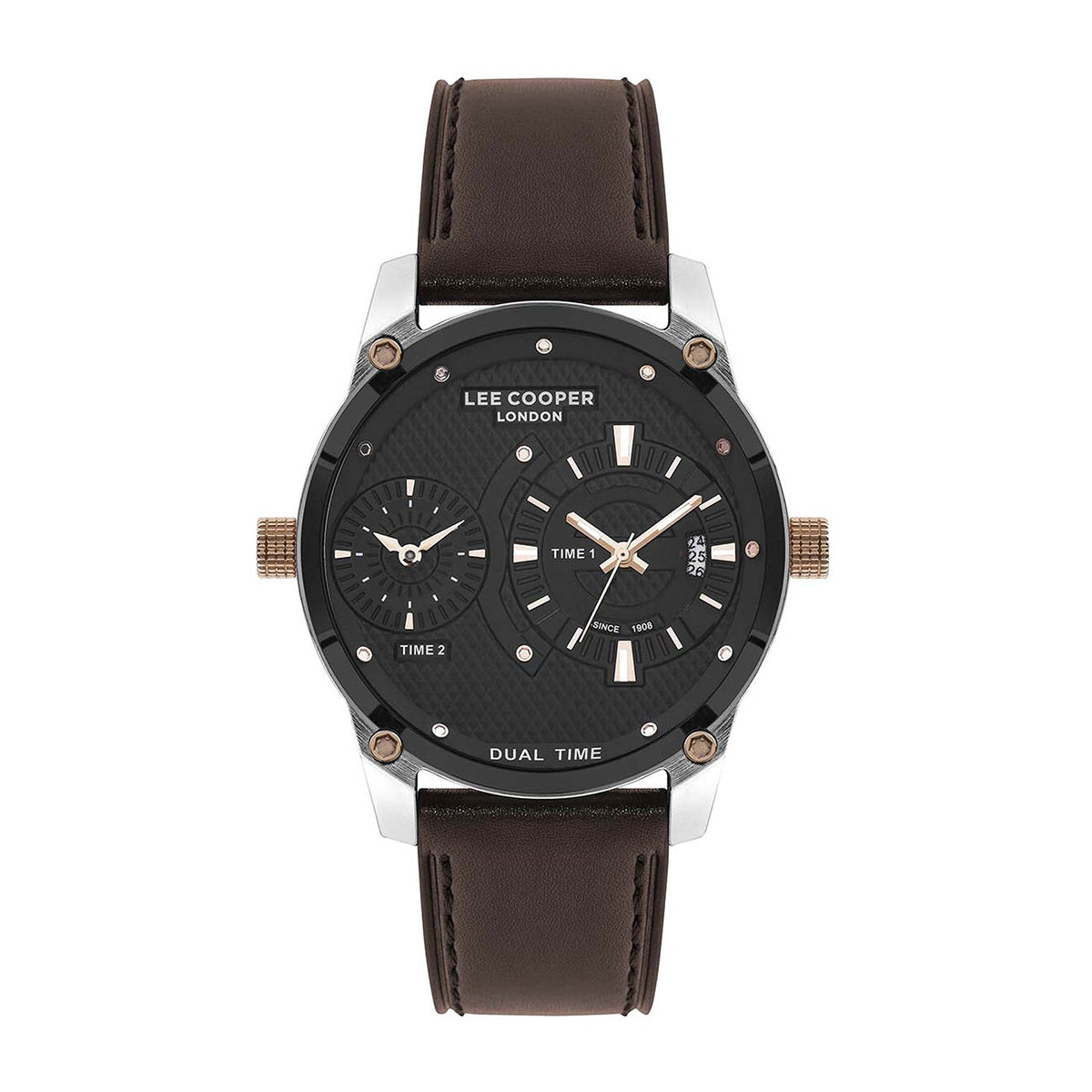 Montre homme Lee Cooper Camden noire cuir marron – vue de face
