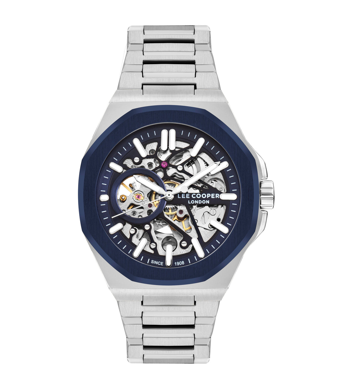 Montre homme Lee Cooper Thames automatique squelette bleu – vue de face