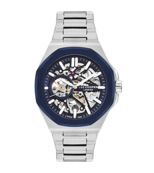 Montre homme Lee Cooper Thames automatique squelette bleu – vue de face