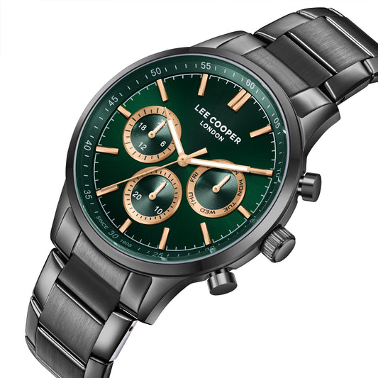 Montre homme Lee Cooper Shoreditch gunmetal cadran vert – vue de trois-quarts