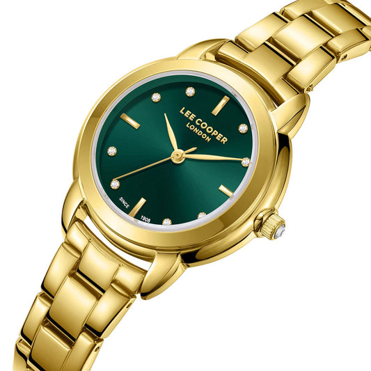 Montre femme Lee Cooper Mayfair dorée cadran vert – vue de trois-quarts