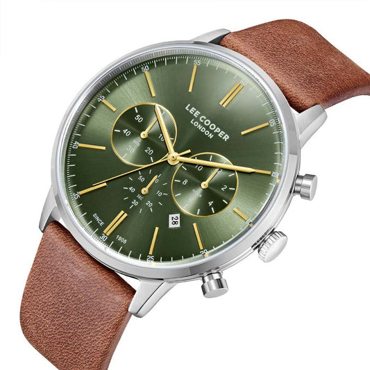 Montre homme Lee Cooper Hampstead verte cuir marron – vue de trois-quarts