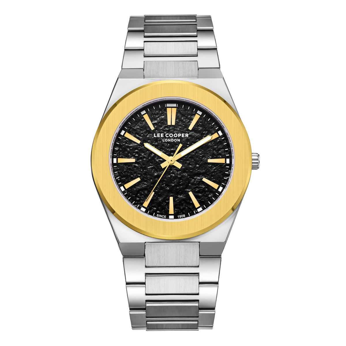 Montre homme Lee Cooper Piccadilly lunette dorée cadran noir – vue de face