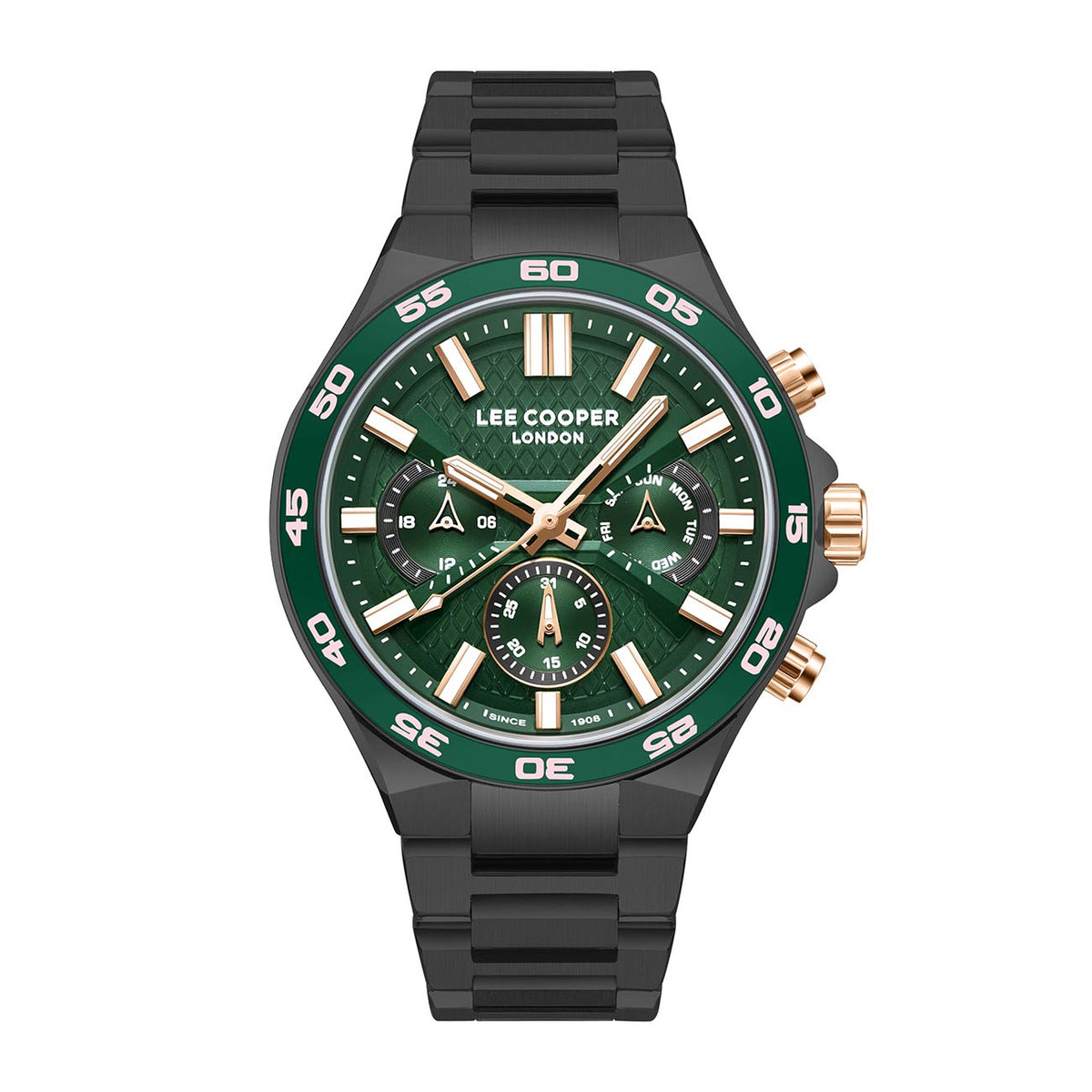 Montre homme Lee Cooper Silverstone noire et verte – vue de face
