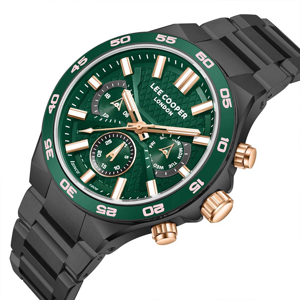 Montre homme Lee Cooper Silverstone noire et verte – vue de trois-quarts