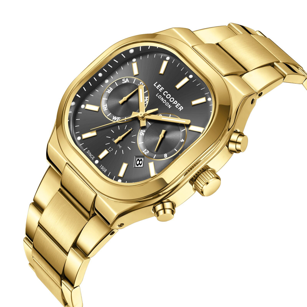 Montre homme Lee Cooper Windsor carrée dorée – vue de trois-quarts