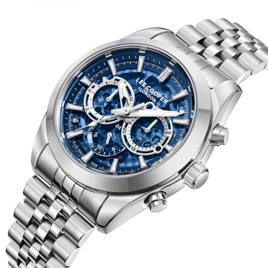 Montre homme Lee Cooper Admiralty automatique multifonction bleue – vue de trois-quarts