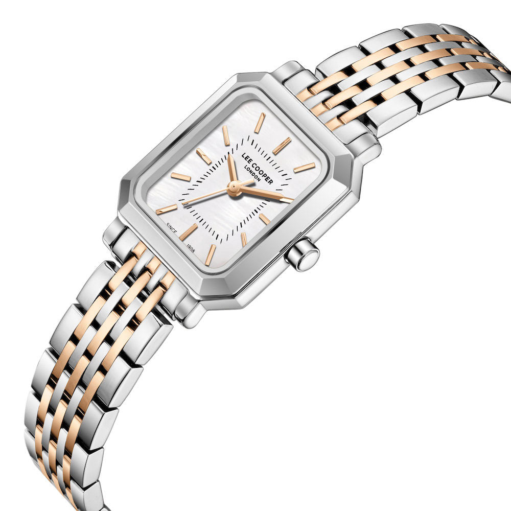 Montre femme Lee Cooper Belgravia rectangulaire rose doré – vue de trois-quarts
