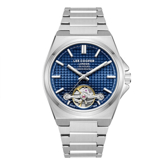 Montre homme Lee Cooper Hampton automatique cœur ouvert bleu – vue de face