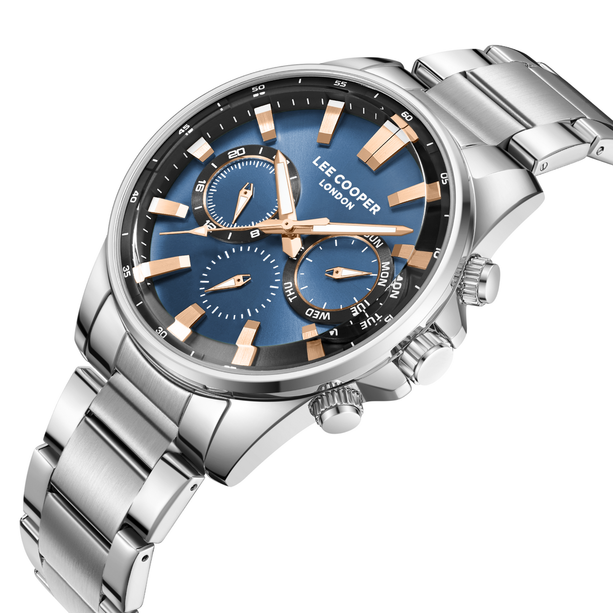 Montre homme Lee Cooper Southbank multifonction bleu nuit – vue de trois-quarts