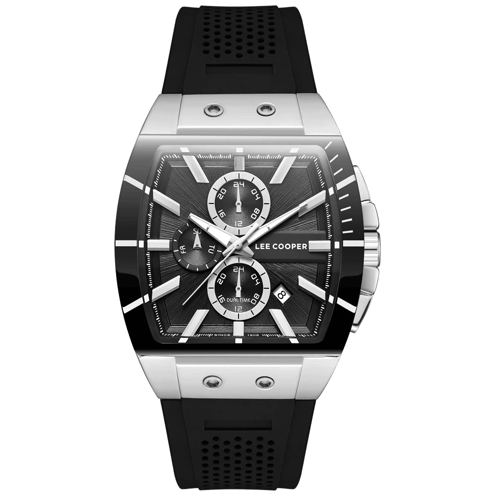 Montre homme Lee Cooper Brooklands tonneau silicone noir – vue de face